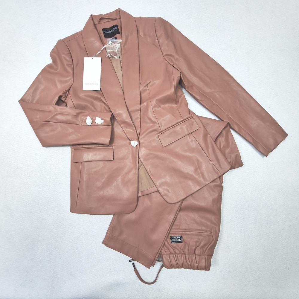 Wildfang Empower Suit Set Womens Medium Rose Brown Vegan Leather Blazer Pants